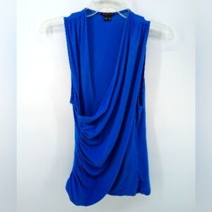 Theory Blue Faux Wrap Ruched Top Made in Peru M Summer Spring Career Work